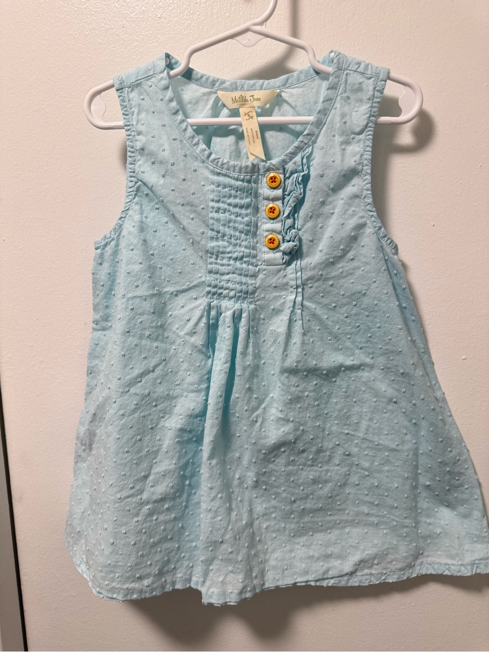 Matilda Jane Pale Blue Sleeveless Swiss Dot Tank with Pintuck & Buttons